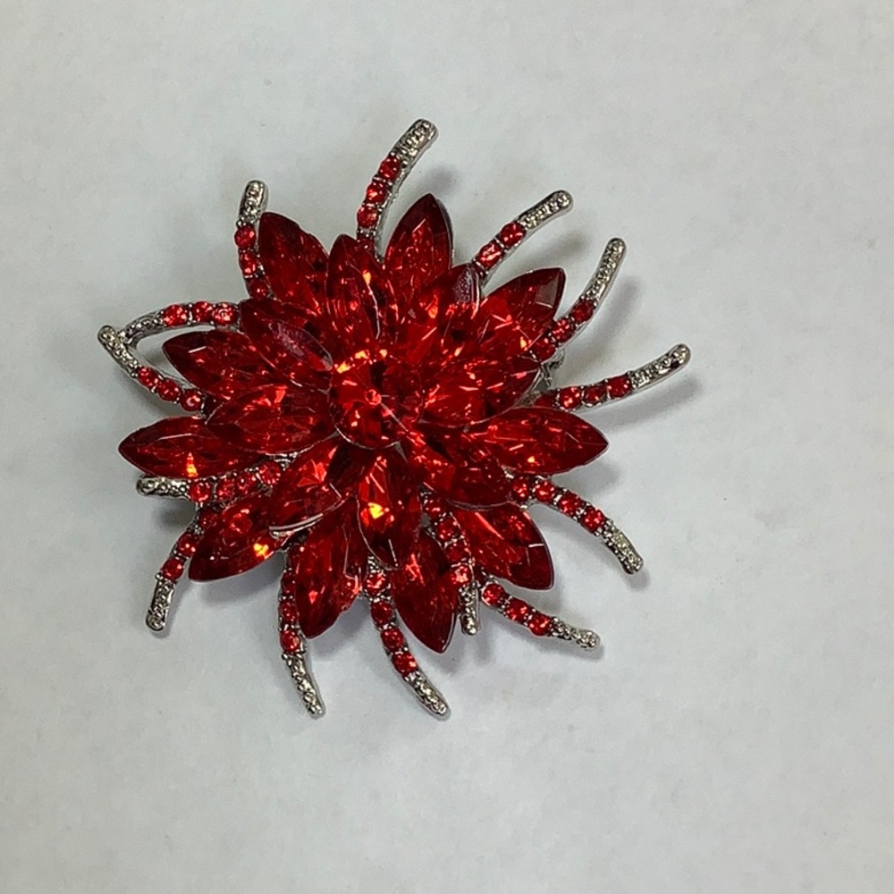 Large Red Rhinestone Flower Brooch - Picture 10 of 14